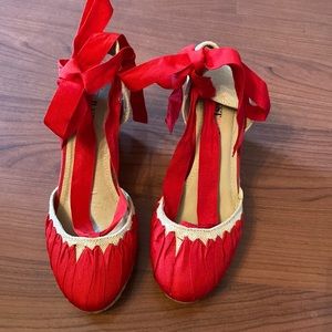 Tan and red ankle tie up espadrille